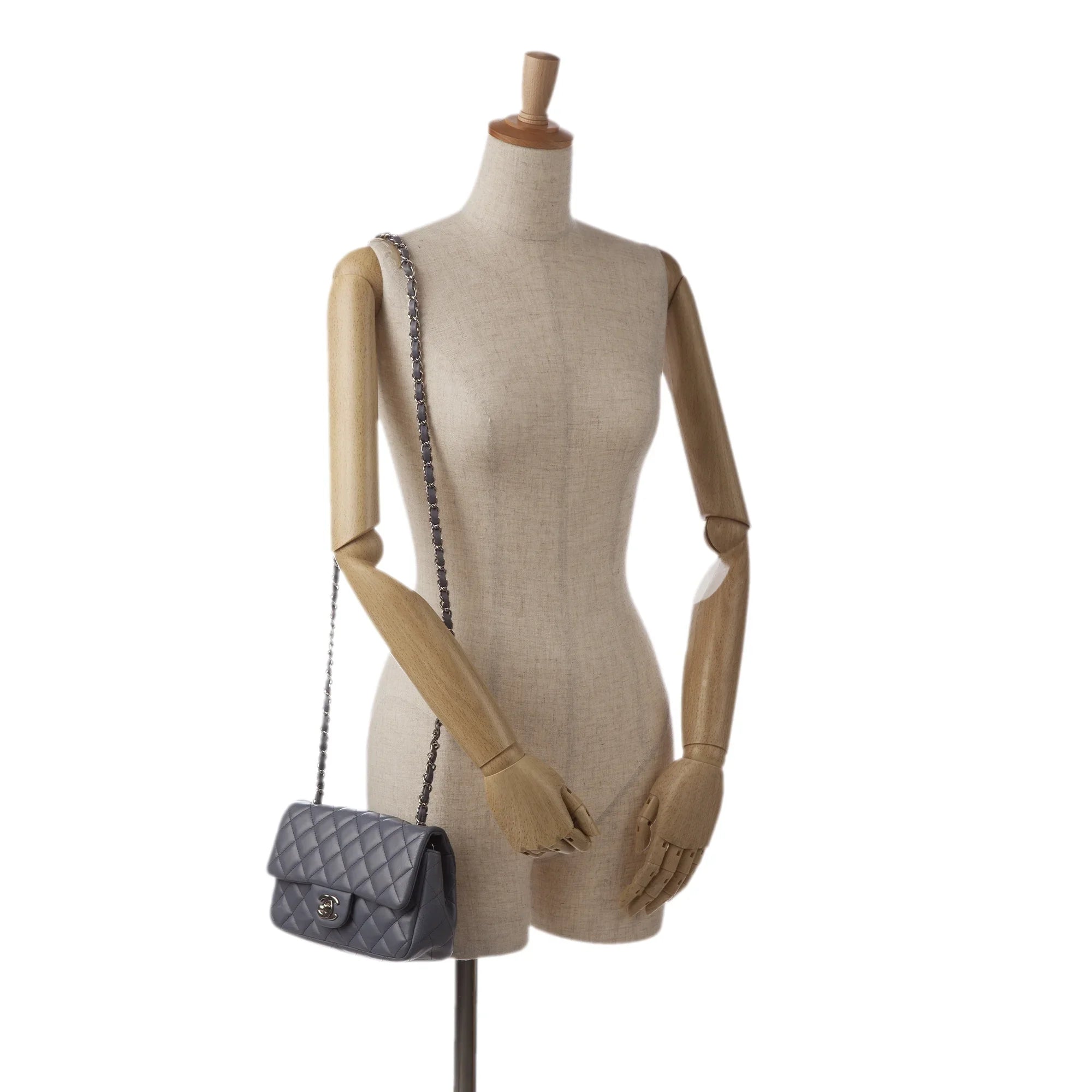 Pre-Owned Authenticated Chanel Mini Classic Lambskin Rectangular Single Flap Leather Gray Crossbody Bag Unisex (Fair)