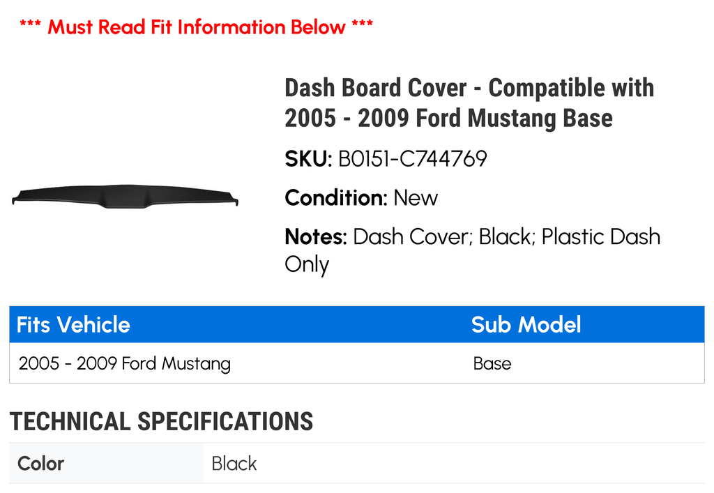 Dash Board Coating - Matching with 2005 - 2009 Ford Mustang Base 2006 2007 2008