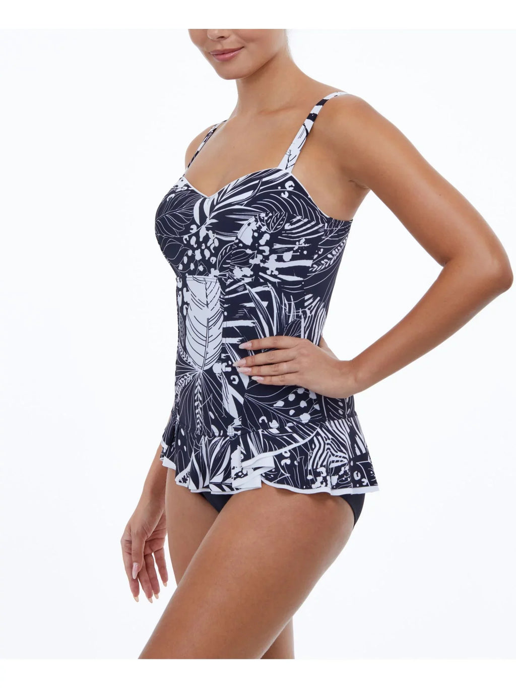 PROFILE by GOTTEX Women's Black Tropical Print Stretch Tummy Control Ruffled Fixed Cups Sweetheart Neck Adjustable Marbella Swimdress 8