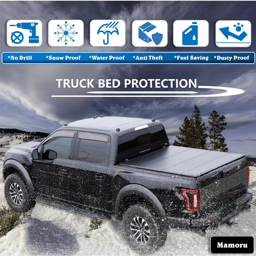 Mamoru Hard FRP Quad-Fold Solid Tonneau Wrap Suitable with 2016 2017 2018 2019 2020 2021 2022 2023 Tacoma 6' / 73.7" Truck Bed Protection | Fit for Deck Rail System