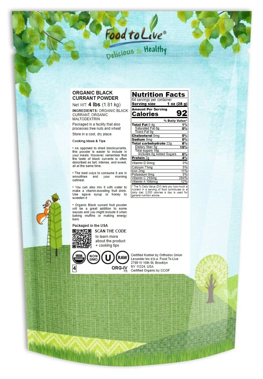 Organic Black Currant Powder, 4 Pounds — Non-GMO, Raw, Vegan, Kosher — by Food to Live