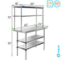 24" x 60" Stainless Steel Work Table With Two Shelves | 18" Wide Double Tier Overshelf | Metal Kitchen Prep Table & Shelving Combo