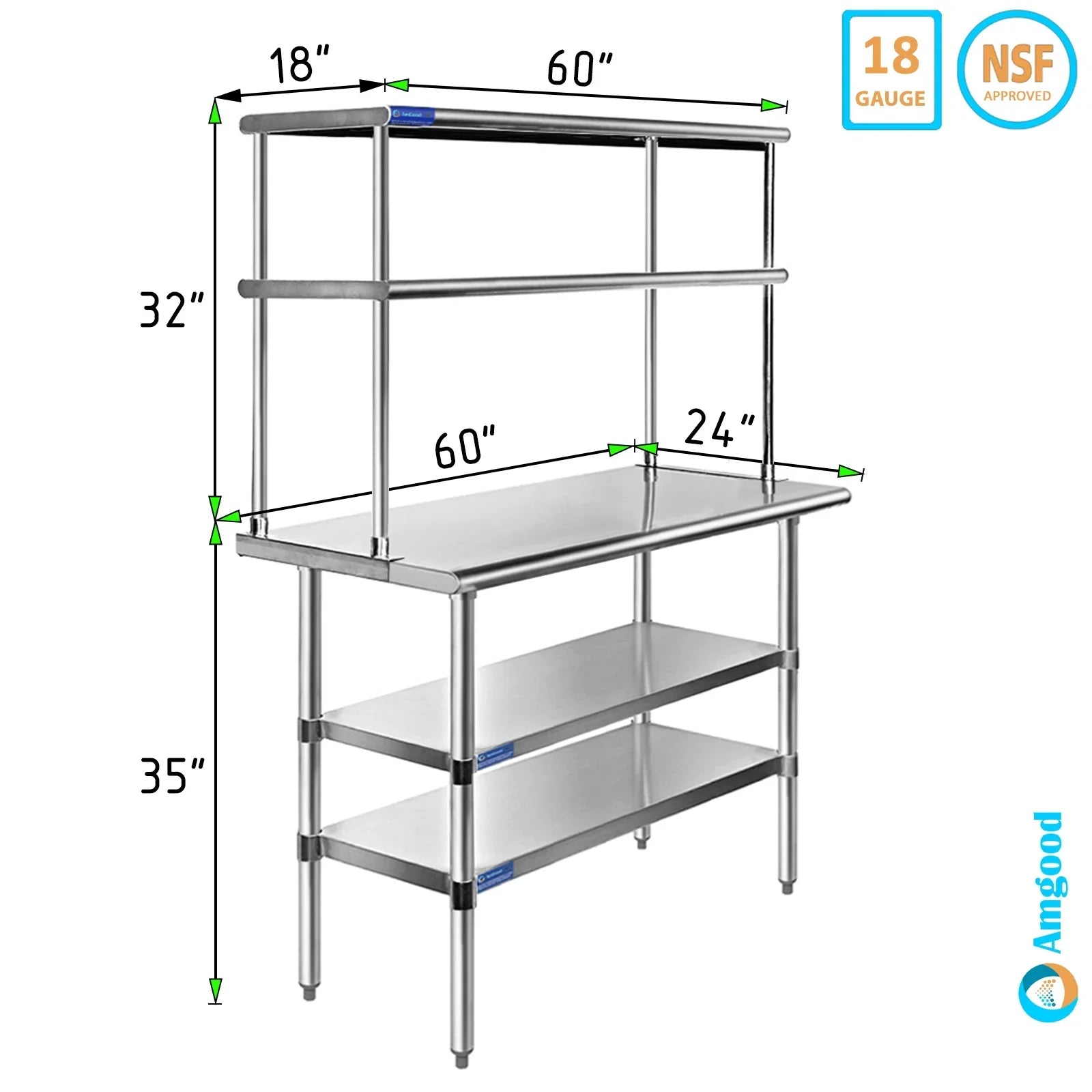 24" x 60" Stainless Steel Work Table With Two Shelves | 18" Wide Double Tier Overshelf | Metal Kitchen Prep Table & Shelving Combo