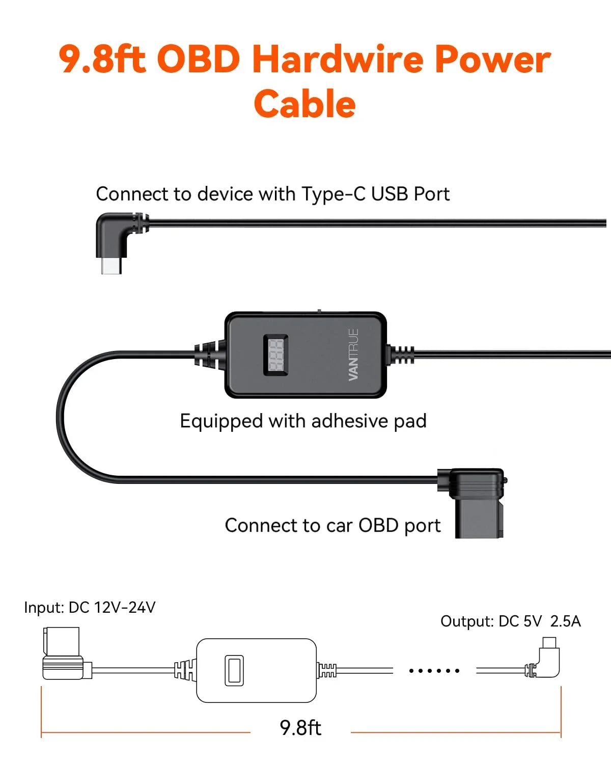 Vantrue OBD Hardwiring Cable for USB-C Dashcams with LCD Screen (See listing)