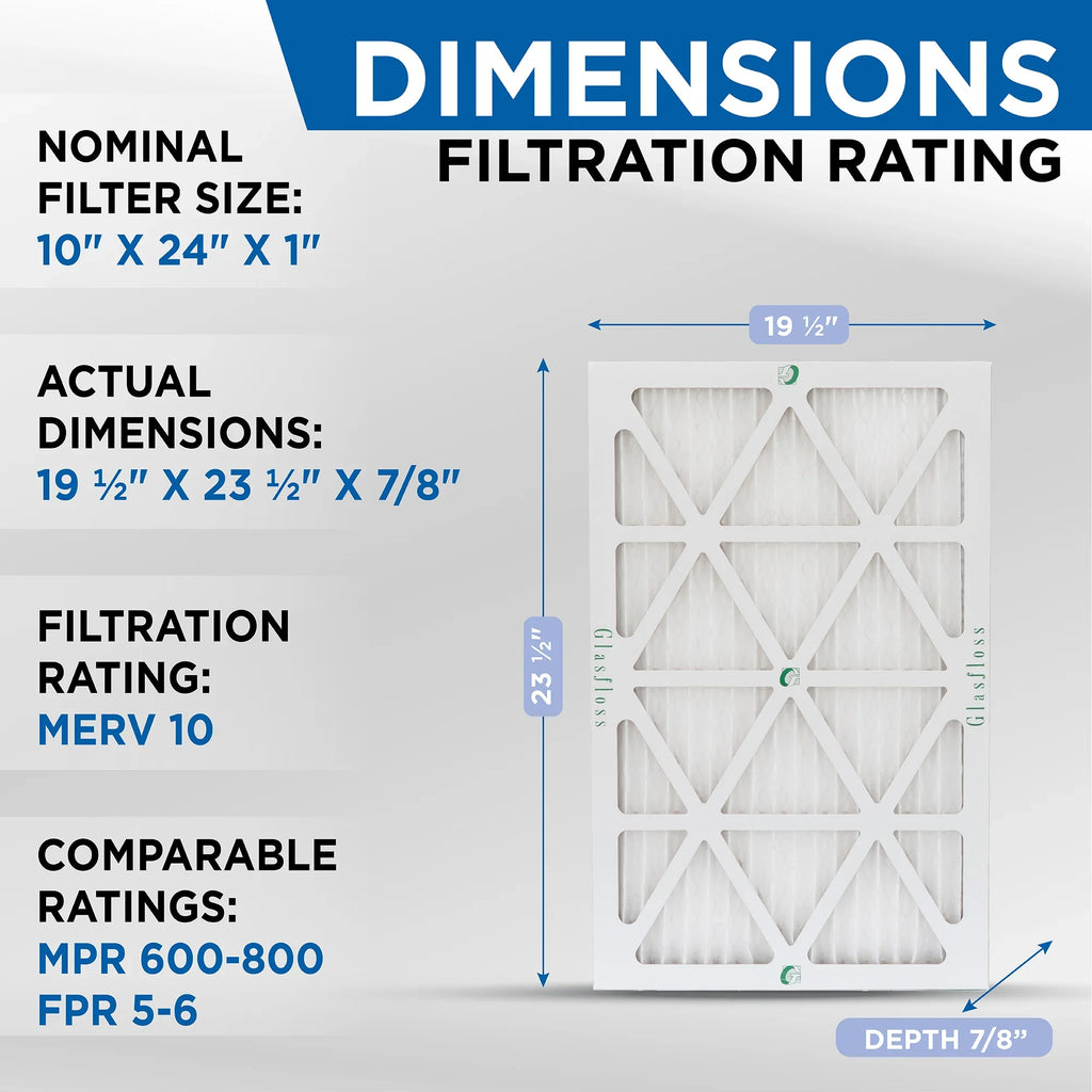 10x24x1 MERV 10 Pleated HVAC Air Filters by Glasfloss. ( Quantity 5 ) Exact Size: 9-1/2 x 23-1/2 x 7/8
