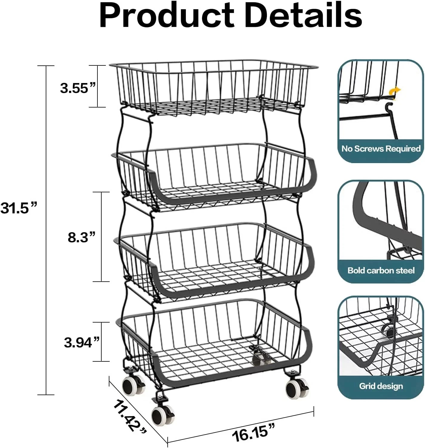 LEZZYRUCK 4-Tier Stackable Fruit Basket Vegetable Storage Basket Car for Pantry,Bathroom, Garage Black