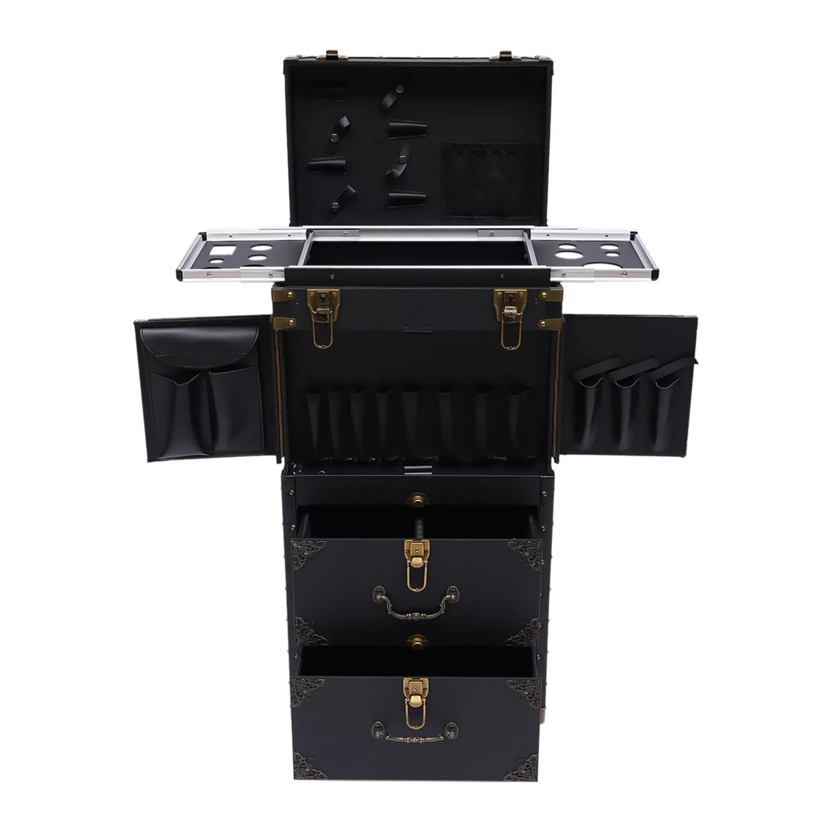 Aiqidi Rolling Lockable Makeup Train Case Hairdressing Trolley Barber Stylist Beauty Salon Cosmetic Luggage Travel Organizer Tool Box with Hair Dryer Holder