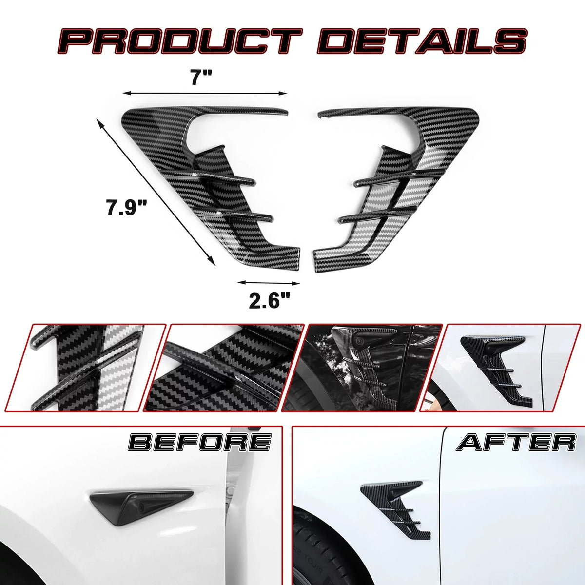 Xotic Tech Side Marker View Camera Indicator Turn Signal Coating Trim, Carbon Fiber Pattern, Fitting with Tesla Model 3 Model Y 2021+