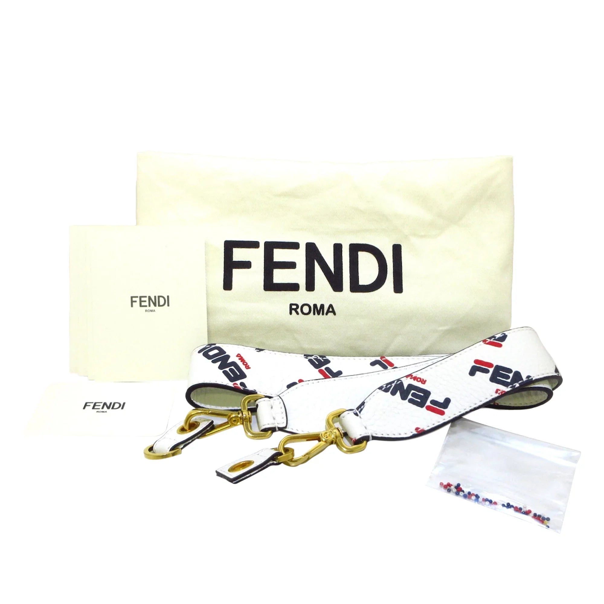Pre-Owned Authenticated Fendi Fila Mania Beaded Baguette Calf Leather White Shoulder Bag Unisex (Good)