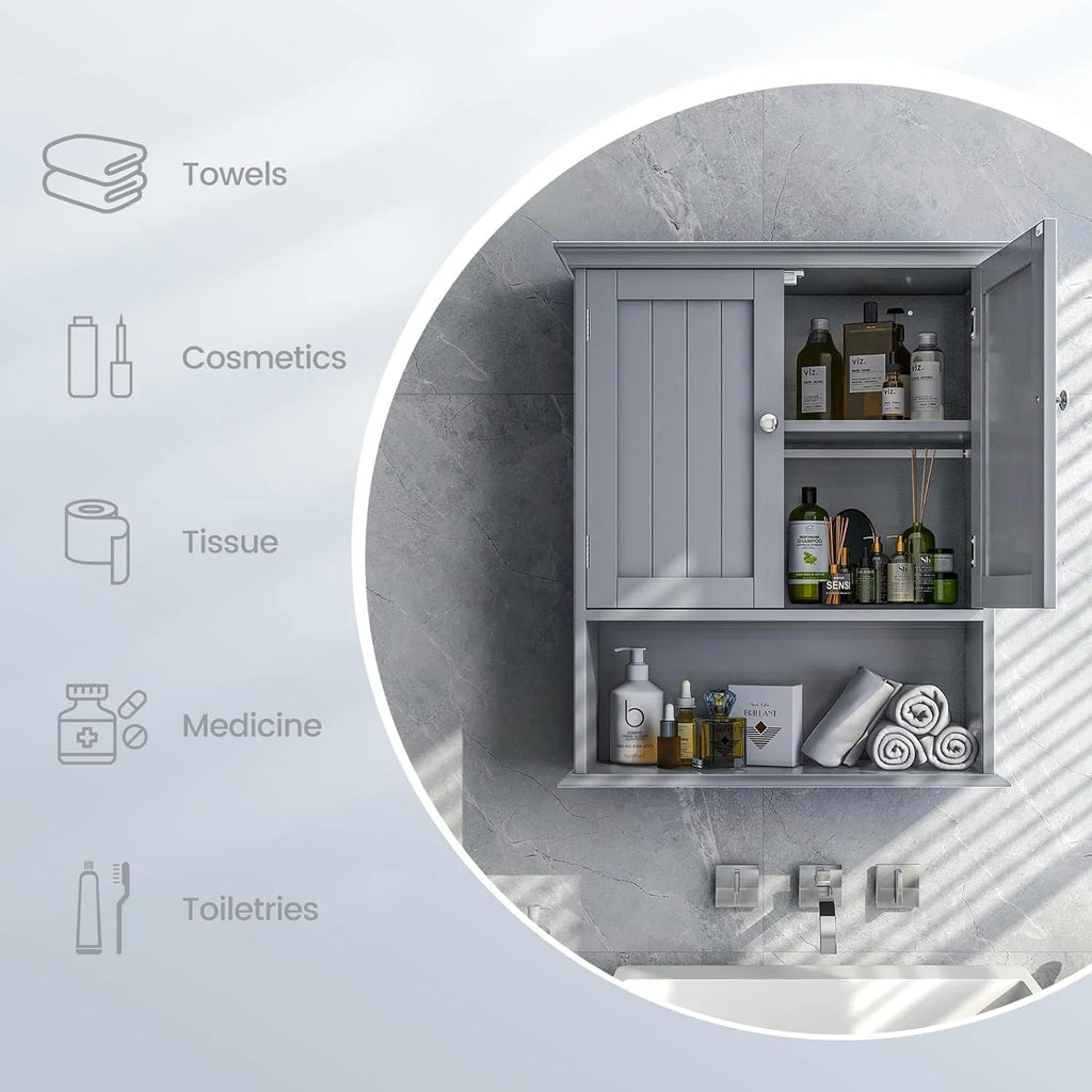 Bathroom Wall Cabinet, Wooden Hanging Storage Cabinet with Doors & Shelves, Multipurpose Storage Cabinet for Bathroom Kitchen Living Room, Wall Mounted Bathroom Medicine Cabinet, Grey