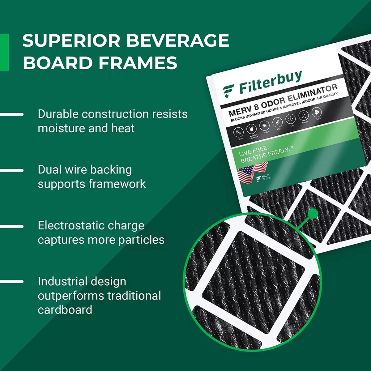 Filterbuy 14x18x1 MERV 8 Odor Eliminator Pleated HVAC AC Furnace Air Filters with Activated Carbon (3-Pack)