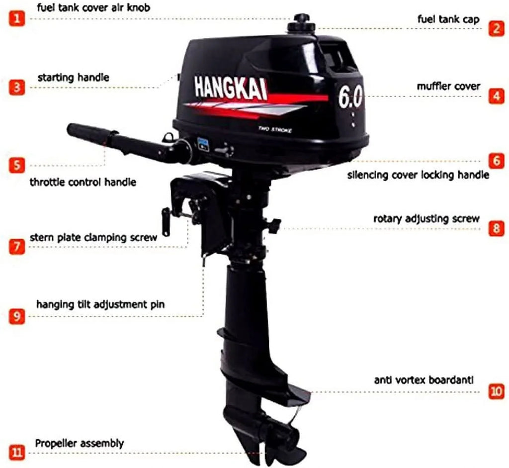 MONIPA 6 HP 2-Stroke Outboard Motor Tiller Shaft Inflatable Fishing Watercraft Marine Engine Water Cooling CDI System