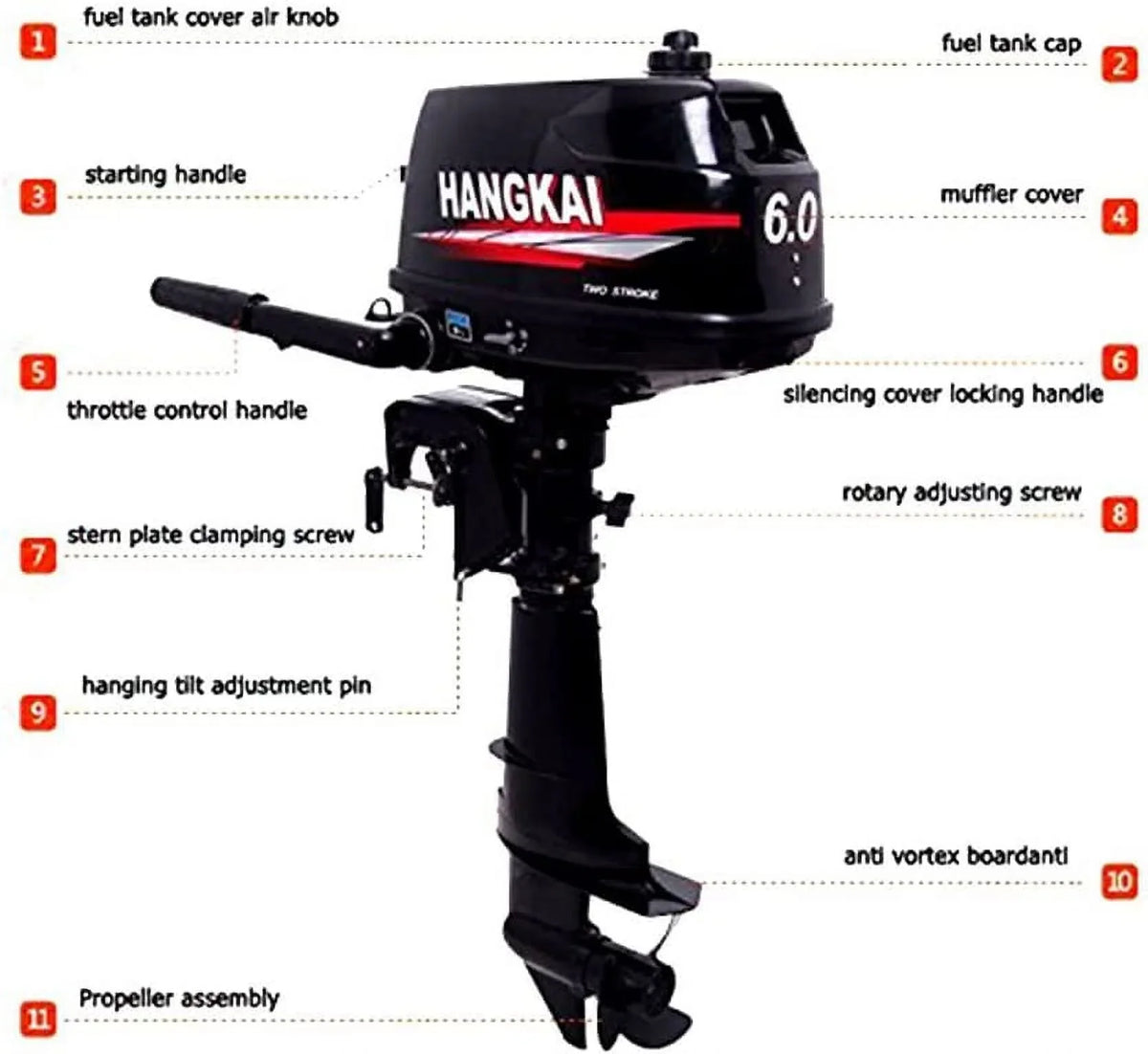 MONIPA 6 HP 2-Stroke Outboard Motor Tiller Shaft Inflatable Fishing Watercraft Marine Engine Water Cooling CDI System