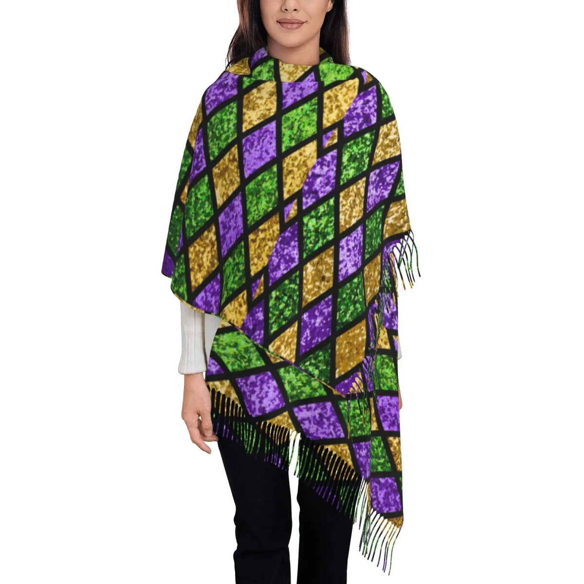 Bingfone Soft Cashmere Feel Scarf For Women Elegant Art Print Winter Warm Scarves Large Shawl Wrap Gifts- Mardi Gras Shiny Green Purple