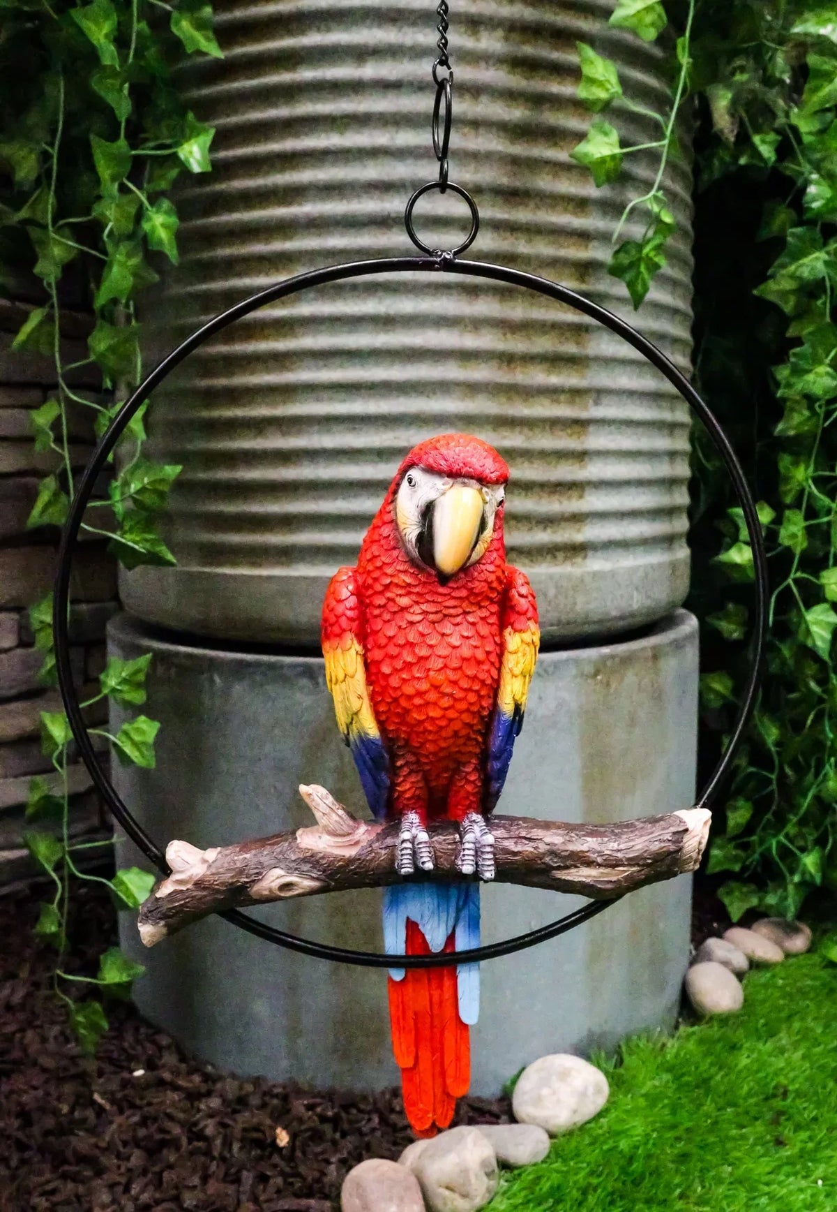 Ebros Hanging Scarlet Macaw Parrot Perching on Branch in Metal Round Ring 13.5"H