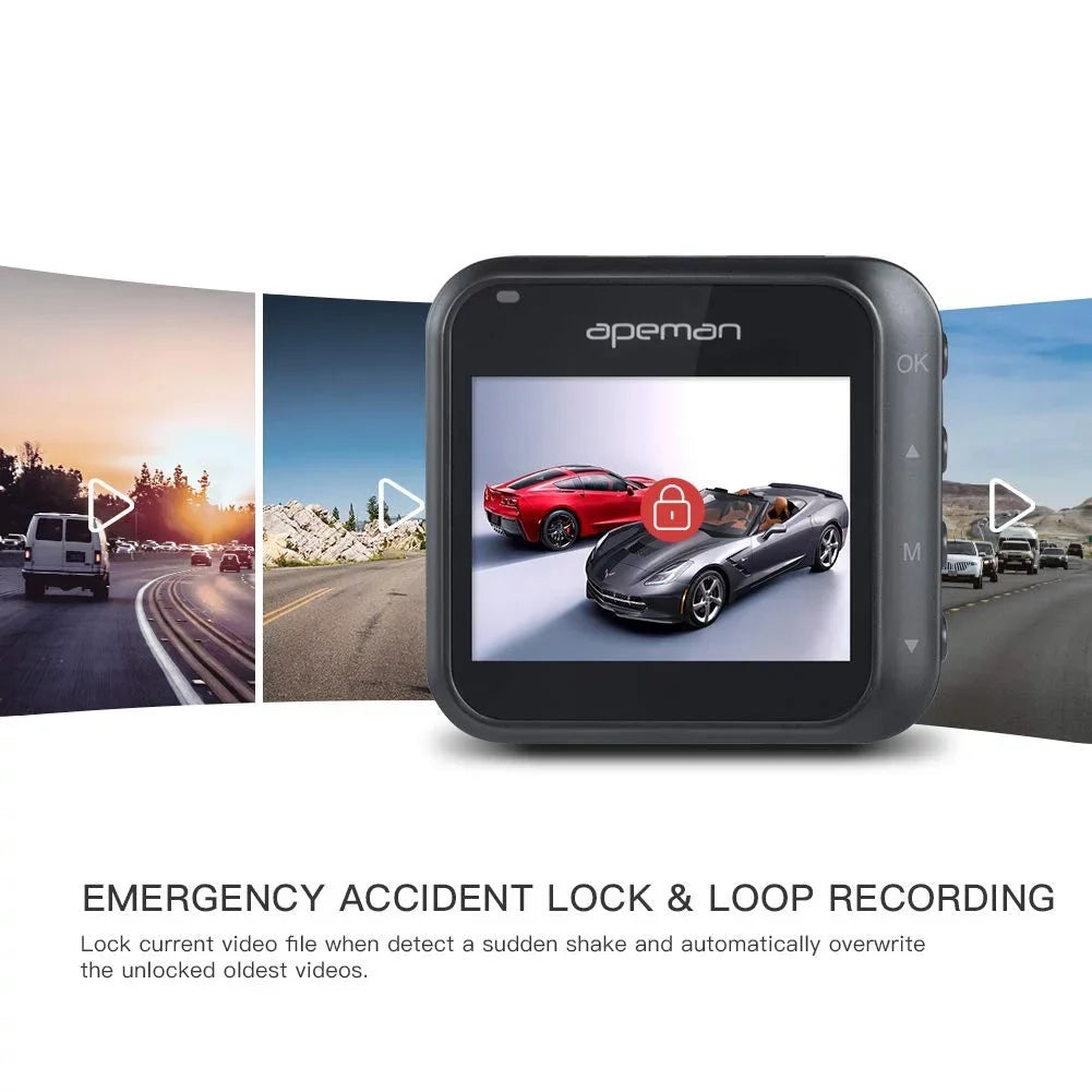 APEMAN Dash Cam 1080P Full HD Mini Car Driving Recorder 170° Wide Angle, Motion Detection, G-Sensor, Loop Recording, Night Vision