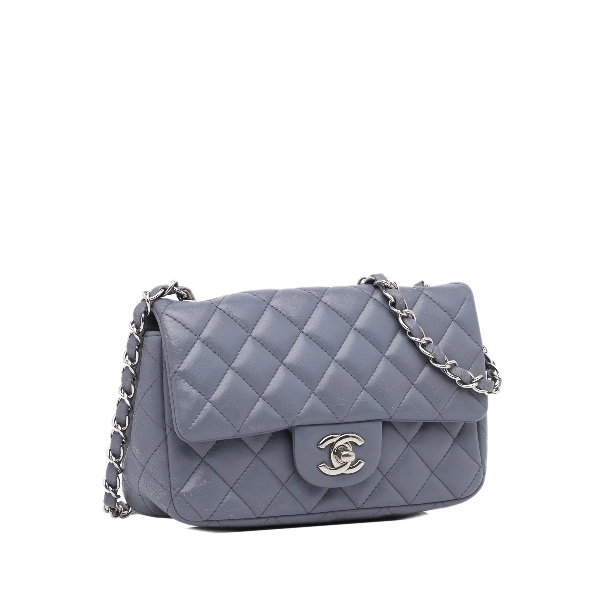 Pre-Owned Authenticated Chanel Mini Classic Lambskin Rectangular Single Flap Leather Gray Crossbody Bag Unisex (Fair)