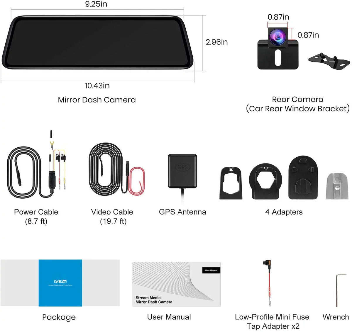 Auto-Vox 9.35inch Smart Mirror Dual Dash Cam Rear View Reverse Backup Camera Full HD Touch Screen Driving Recorder