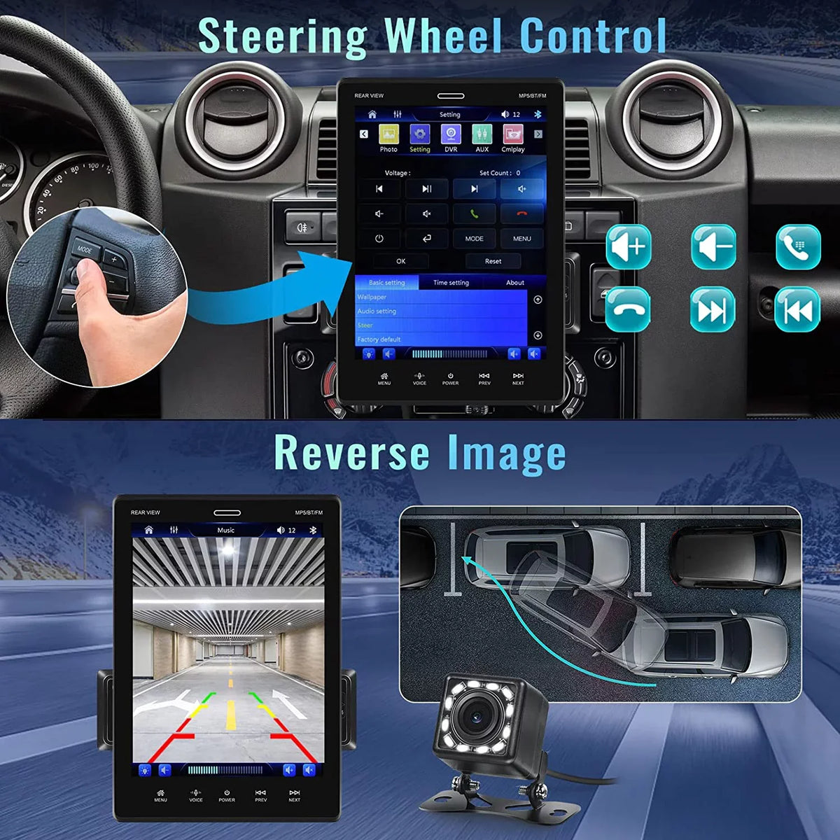 Podofo Single Din 9.5'' Car Stereo with Apple Carplay Android Auto HD Touch Screen Car MP5 Player Car Radio Bluetooth Mirror Link USB FM,with 12 LED Rear Camera