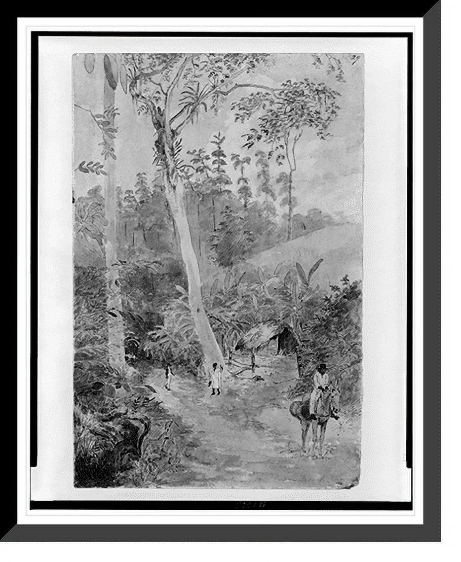 Historic Framed Print, Plantain Walk - Bookkeeper - Watchman and Hut - man with casks of Top-notch in stirrup, 17-7/8" x 21-7/8"
