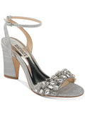 BADGLEY MISCHKA Womens Silver Toe Strap Metallic Rhinestone Round Toe Block Heel Latch Dress Sandals Shoes 7