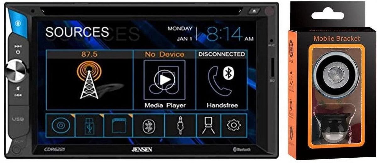 Jensen CDR6221 6.2" Touchscreen LCD Multimedia Car Receiver with Bluetooth, Front USB Input, Back-up Camera Input with Absolute Magnet Phone Holder Bundle