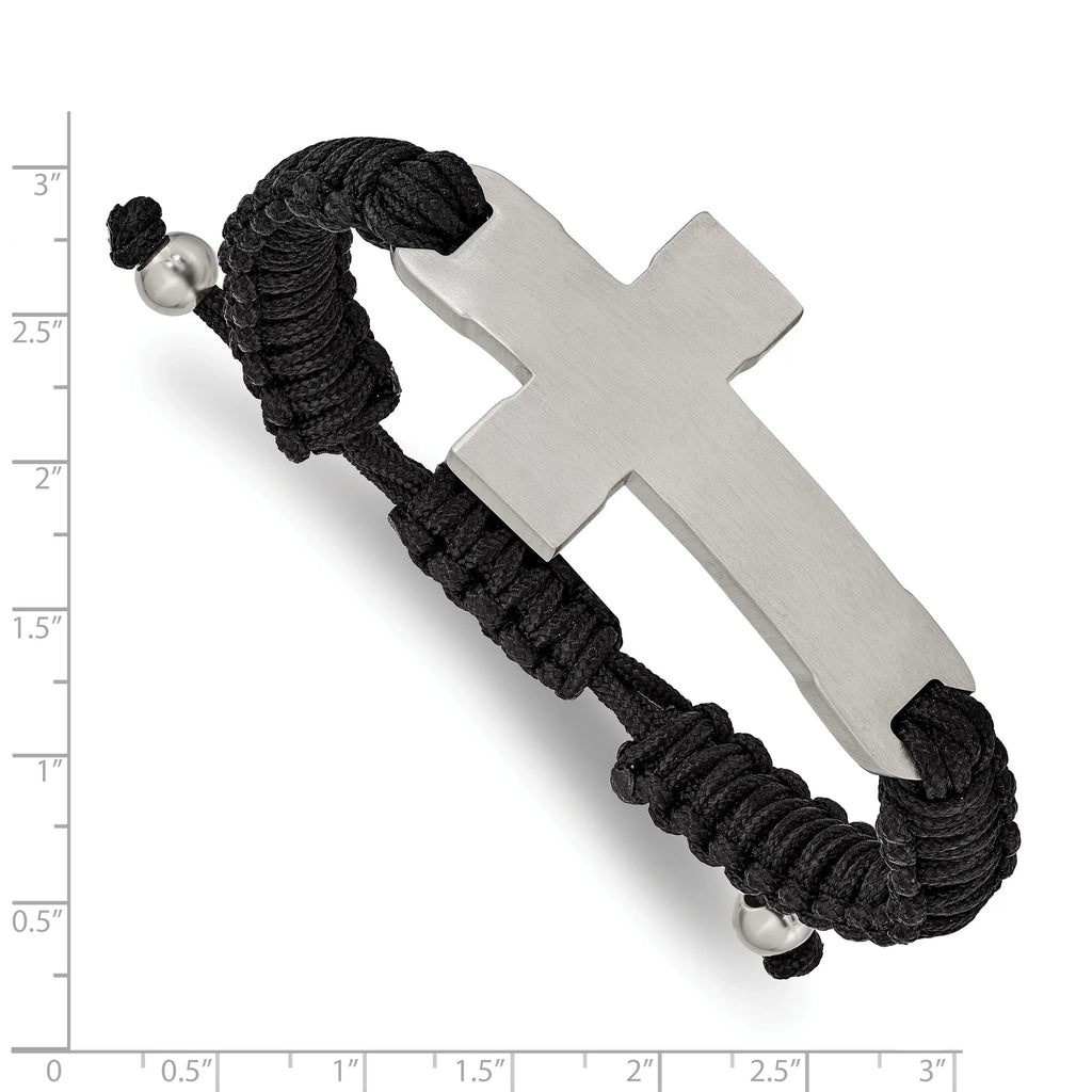 Primal Steel Stainless Steel Brushed and Polished Black Nylon Adjustable Cross Bracelet
