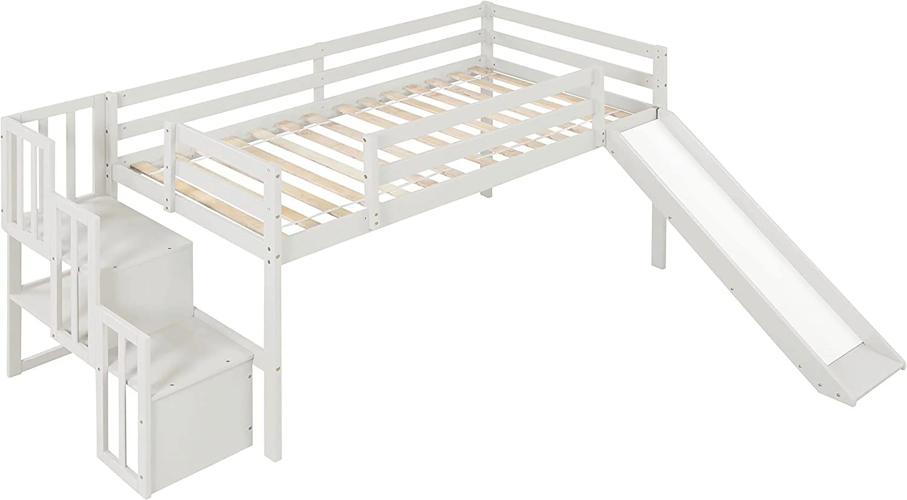 NLTBONNIE Harper &amp; Bright Designs Low Loft Bed with Slide and Wood Twin Size Loft Bed Frame with Stairs Safety Rail for Toddlers Teens No Box Spring Needed (White)