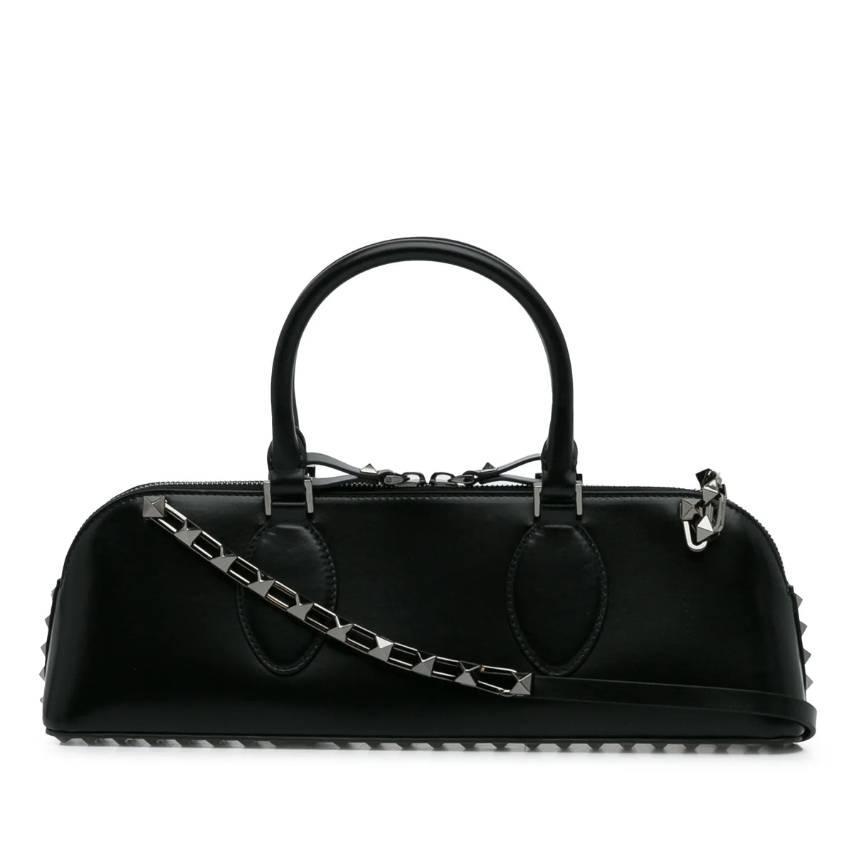 Pre-Owned Authenticated Valentino Rockstud East West Satchel Calf Leather Black Unisex (Good)