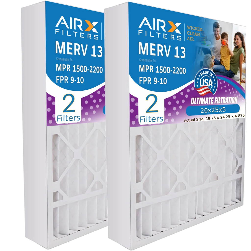 20x25x5 Air Filter MERV 13 Comparable to MPR 1500 - 2200 & FPR 9 Fitting with Ultravation 91-006 Premium USA Made 20x25x5 Furnace Filter 2 Pack by AIRX FILTERS WICKED CLEAN AIR.