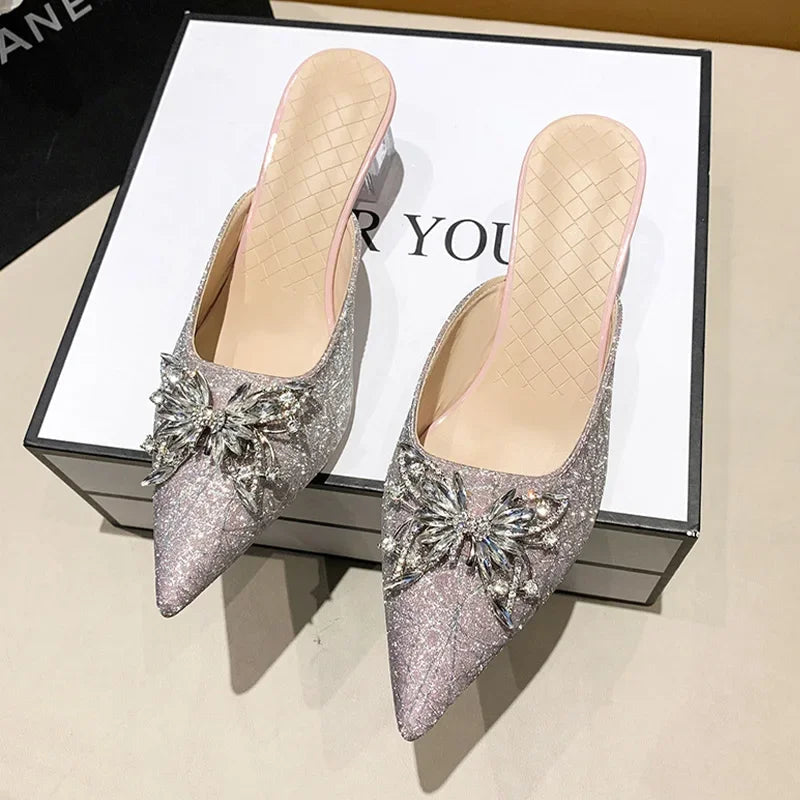Crystal Luxury High Heels Women Mules Shoes Sexy Pointed Toe Sandals 2024 Summer Designer Dress Flip Flops Pumps Slides
