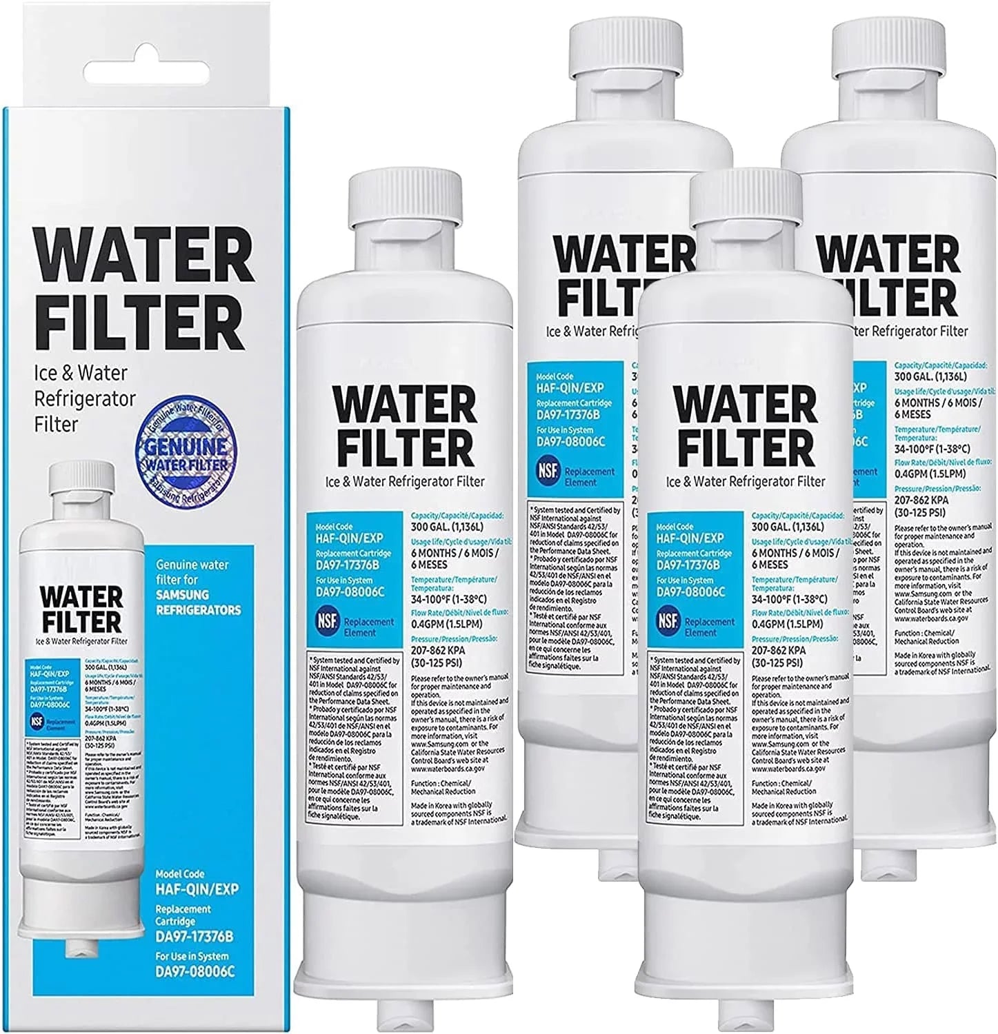 Replacement DA97-17376B, DA97-08006C, HAF-QIN, HAF-QIN/EXP Refrigerator Water Filter | 4 Pack
