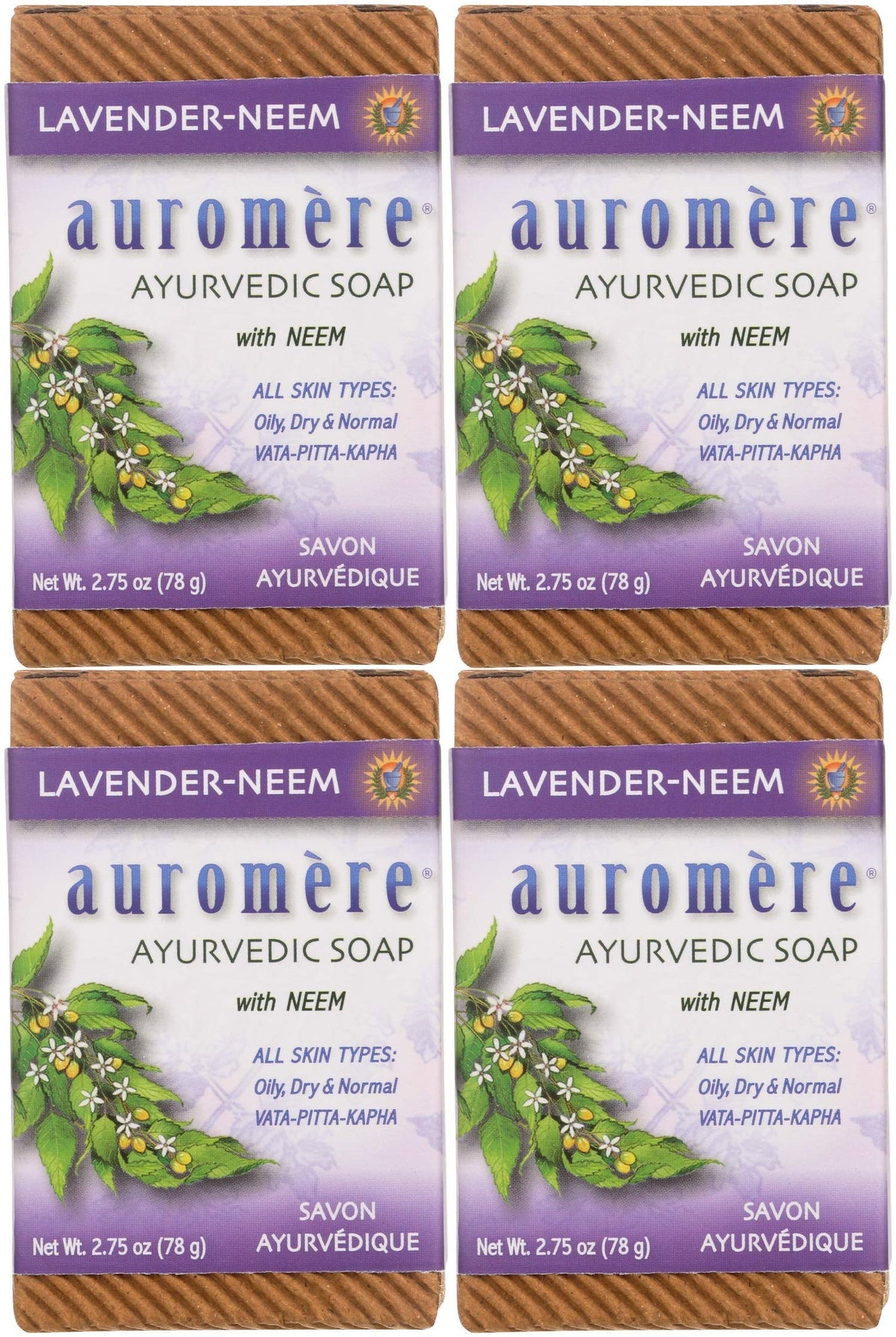 Auromere Ayurvedic Bar Soap, Lavender Neem - Eco Friendly, Handmade, Vegan, Cruelty Free, Natural, Non Gmo (2.75 Oz), 4 Pack.