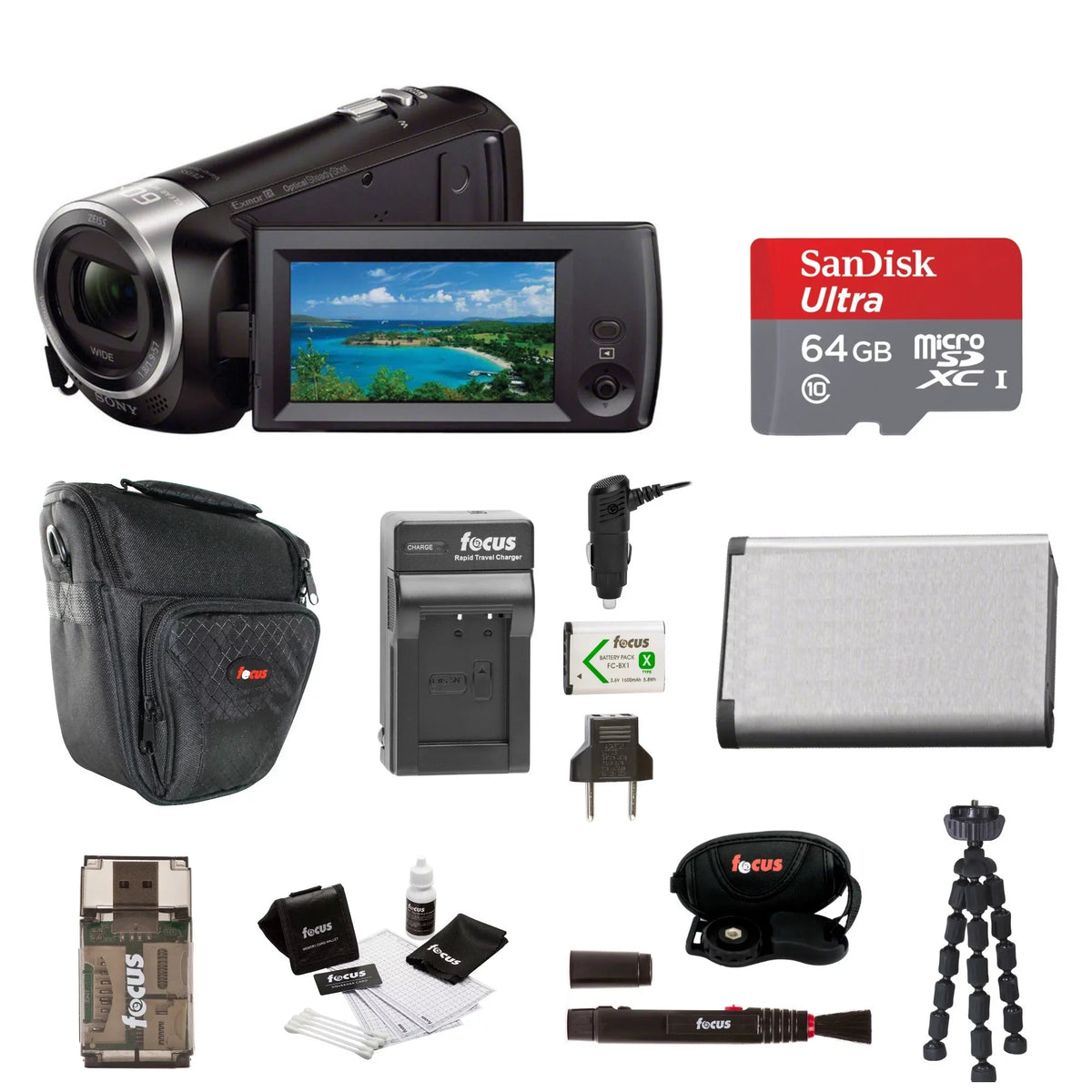 Sony HDR-CX405 Handycam Camcorder (Black) + 64GB microSD Card + Carry Case + Accessory Bundle