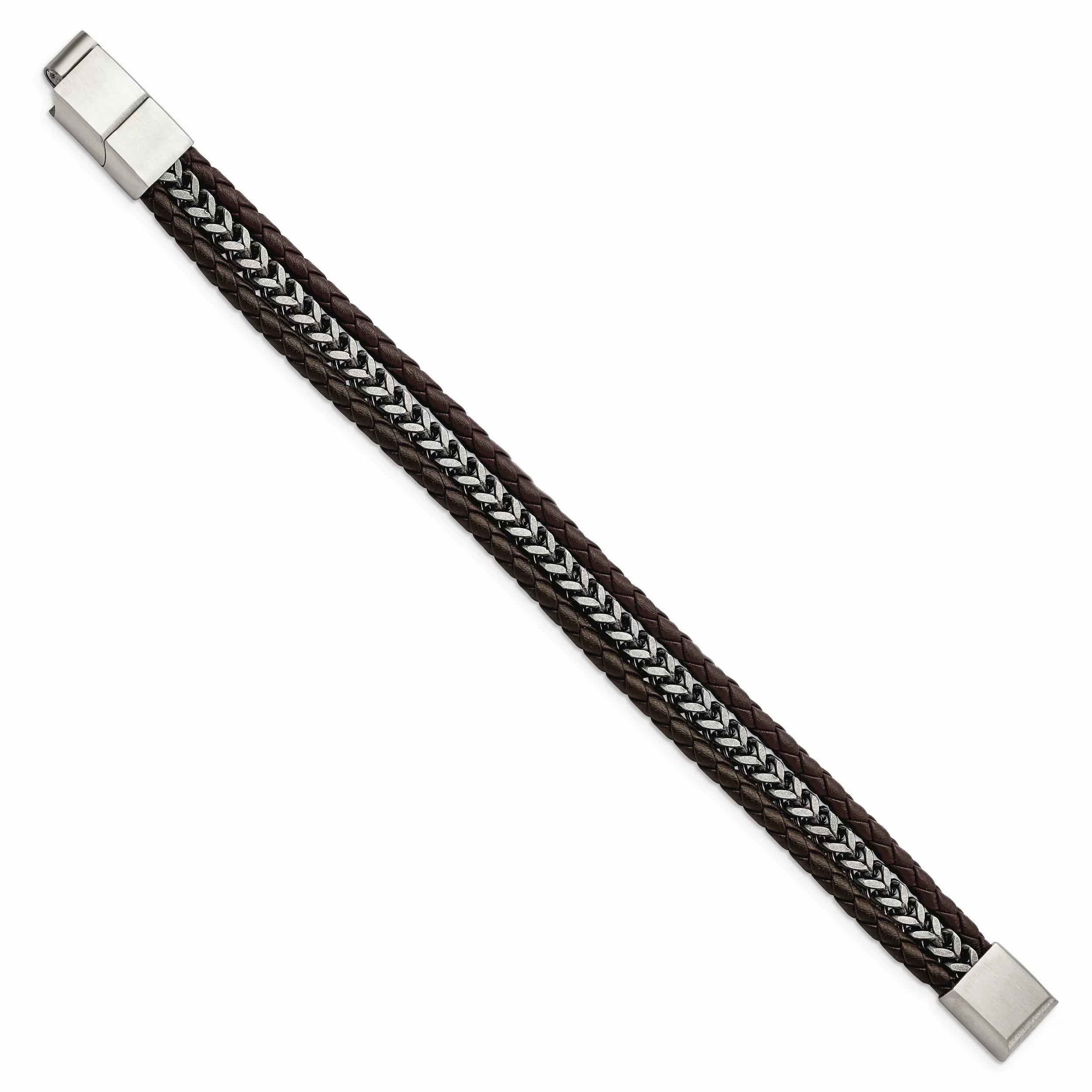 Primal Steel Stainless Steel Antiqued and Brushed Brown Leather with 0.5 Inch Extension Bracelet