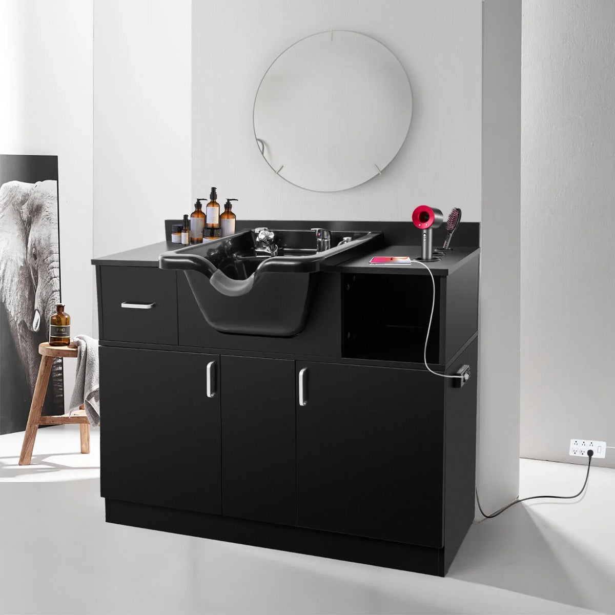 Artist hand Backwash Sink Shampoo Station Hair Salon Beauty with USB,Hair Dryer Holes,P Trap,Drawer(Black)