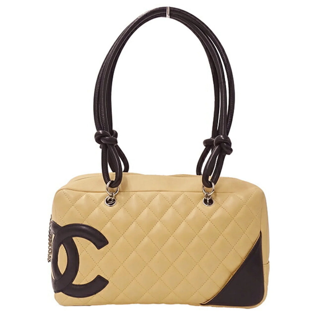 Pre-Owned CHANEL Bag Cambon Women's Handbag Lambskin Beige Black (Fair)