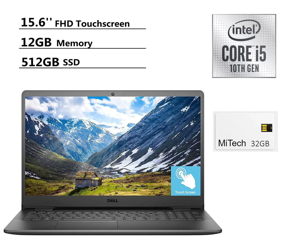 Inspiron 15.6"FHD Touch Laptop, Core i5-1035G1, 12GB DDR4 RAM, 512GB SSD, Webcam, WiFi, HDMI, Bluetooth, with MiTech 32GB USB Card, Windows 10, Black