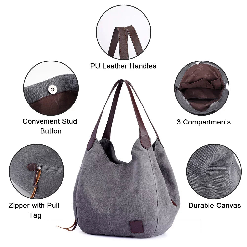 MIXFEER Women Canvas Shoulder Bag Handbag Multi-pockets Vintage Totes Hobo Bags
