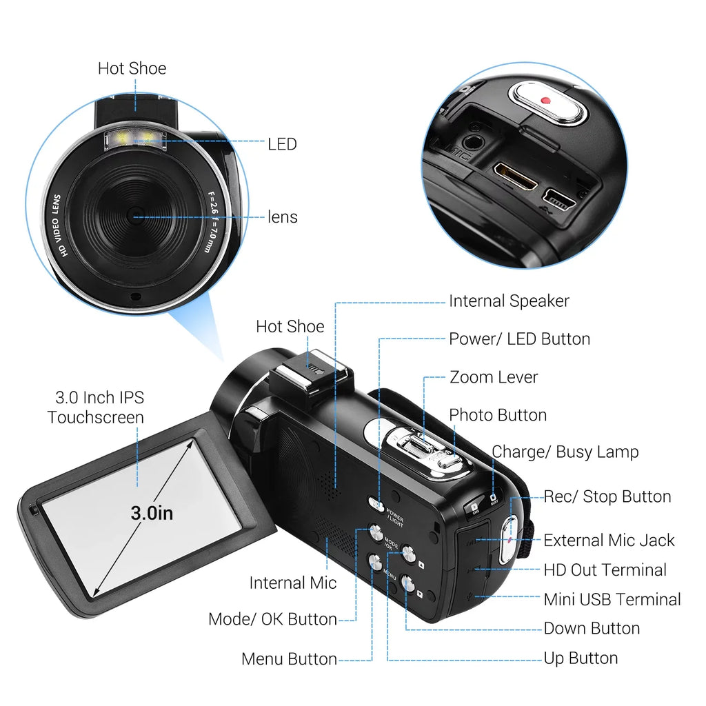 Andoer-2 Video Camera,Inch IPS Monitor IPS Monitor Burst 3.0 Inch IPS Monitor Burst Function DV Professional Video 4K Handheld Camera 3.0 Inch Video Camera AINN