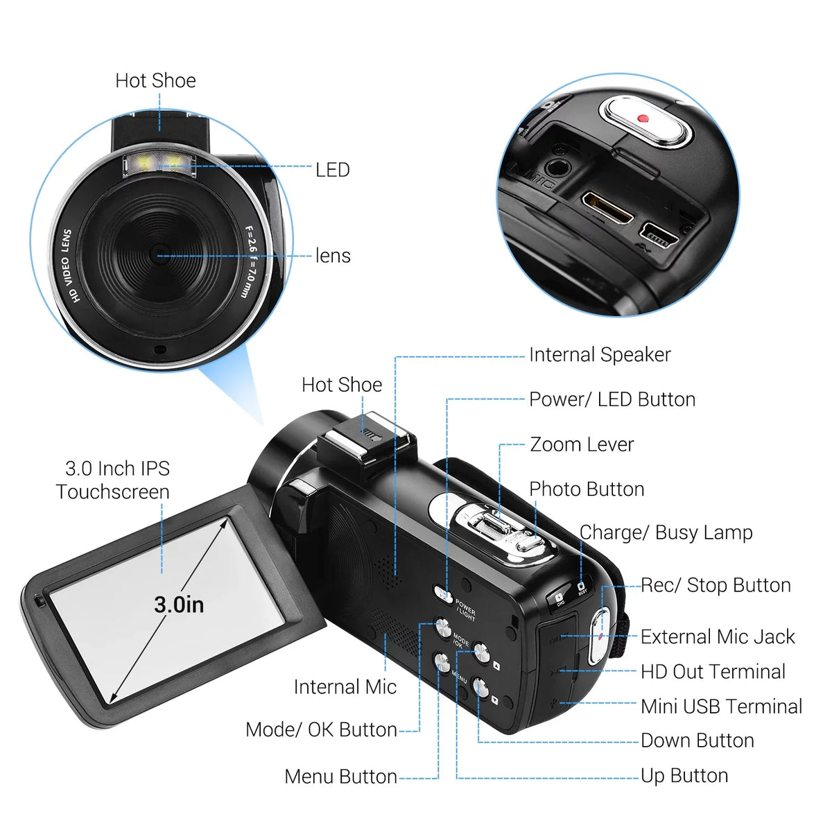 Andoer-2 Video Camera,Inch IPS Monitor IPS Monitor Burst 3.0 Inch IPS Monitor Burst Function DV Professional Video 4K Handheld Camera 3.0 Inch Video Camera AINN